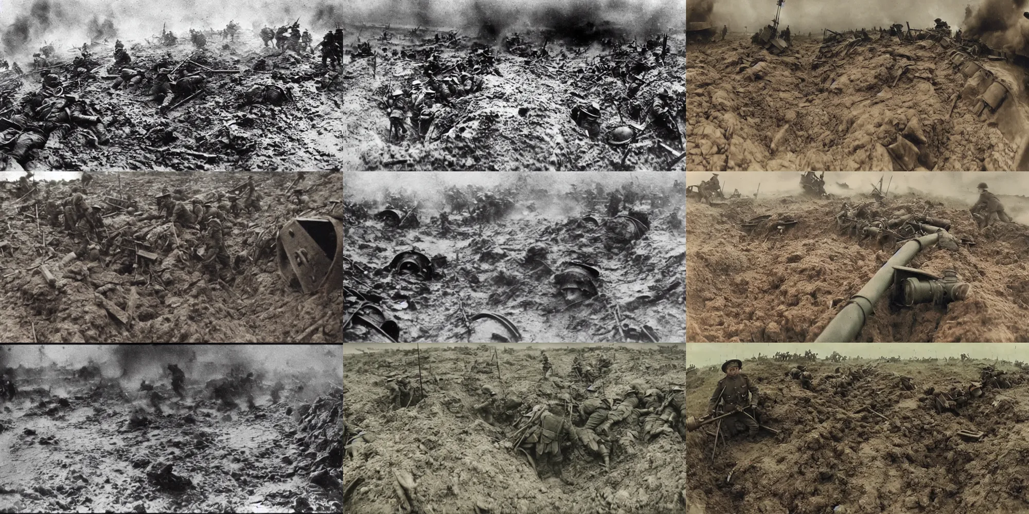 Prompt: gopro footage of ww 1 trench warfare colorized, artillery blast, rain and mud, water on lens