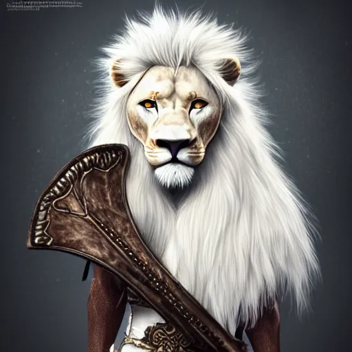 Prompt: an albino anthro lion holding a bow,dressed in leather armor,art by artgerm,photorealistic,highly detailed,8k,artstation,deviantart,detailed face