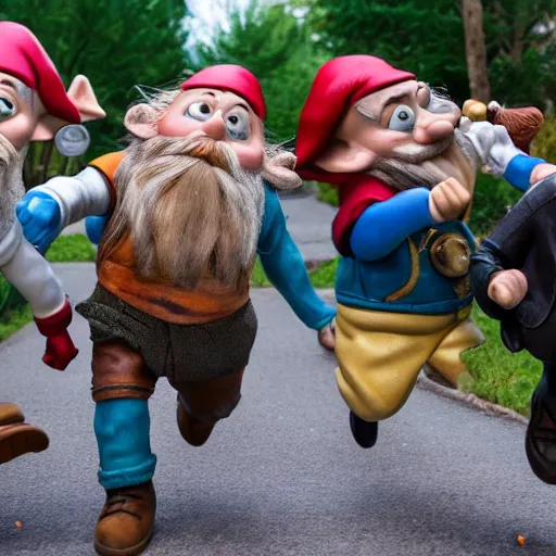 Prompt: pack of gnomes chasing a scared man with arms flailing behind him