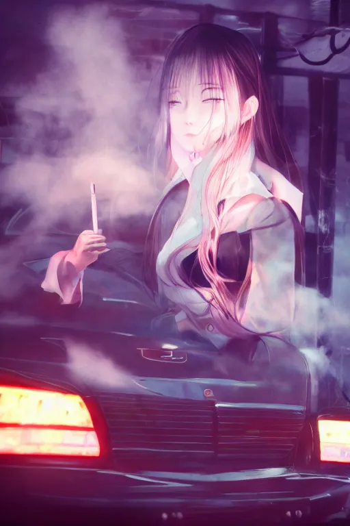 Image similar to art by D. Jun, by Mo Xiang Tong Xiu, Infrared Unreal Engine 3d dark render, cute girls in Japanese maid's clothes and smoking inside a JDM car at night in a parking lot, anime vintage colors, polaroid, foggy, smoke, steam, parov, daz 3d, octane render, trending on artstation, volumetric light, cinematic render, ultra realistic, oil painting