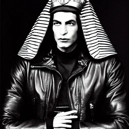 Image similar to A pharaoh wearing a leather jacket, portrait, by Derek Ridgers, Richard Avedon, Mario Testino