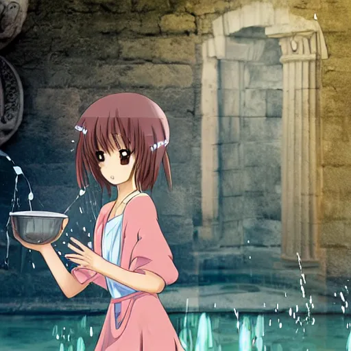 Image similar to anime girl in a greek attire pouring water out of a vase into a fountain, spanish alleyway