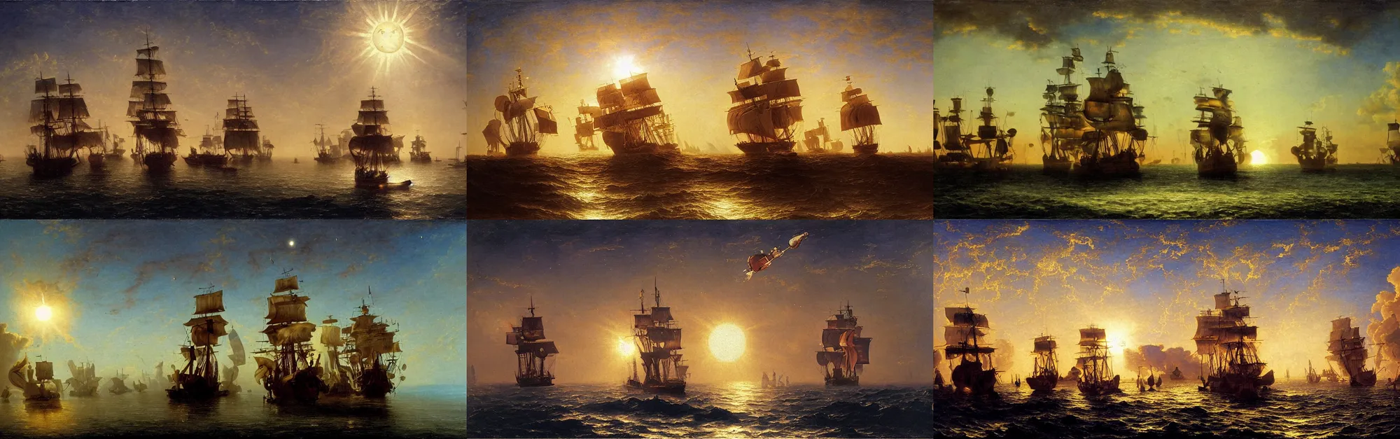 Prompt: 1700s pirate ships in space, orbiting a gas giant, illuminated by a sun, oil painting, albert bierdstadt
