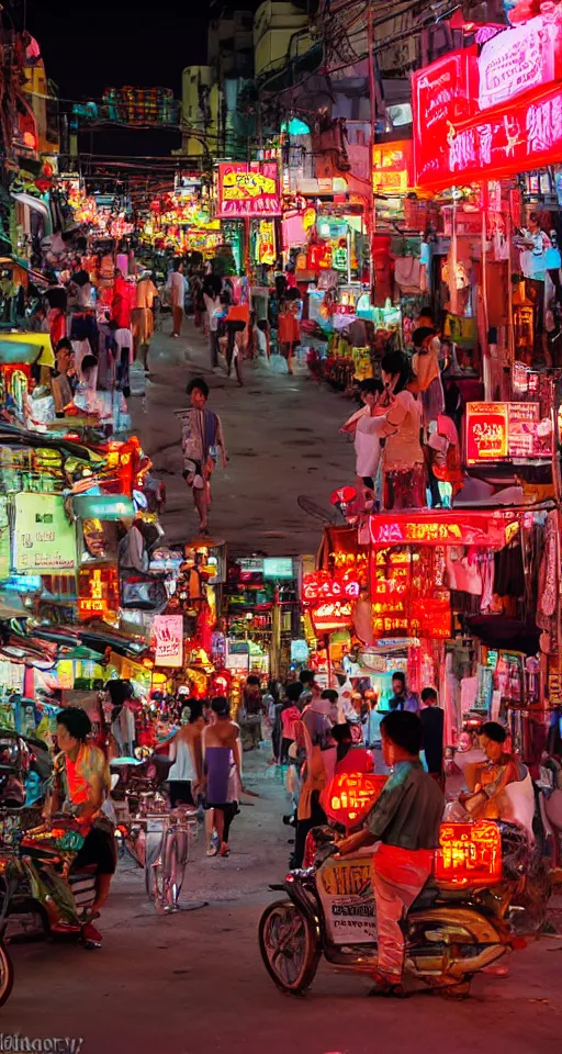 Image similar to New Saigon on Red Mars entertainment district street scene with lovers vendors and neon signed buildings. People are taking their fun seriously by Tsuchiya Koitsu