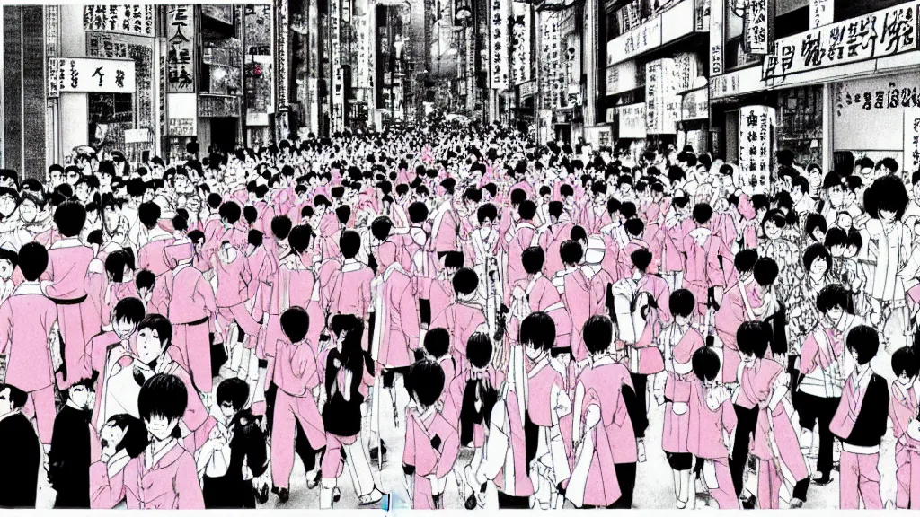 Image similar to manga drawing of a parade on the streets Tokyo everyone is dressed in pink and wearing pig masks, film still from the an anime directed by Katsuhiro Otomo with art direction by Salvador Dalí, wide lens