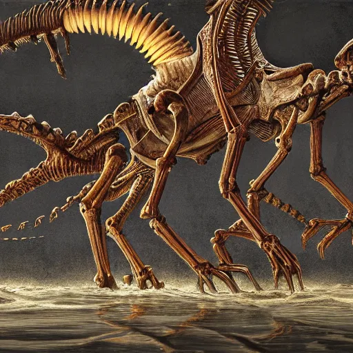 Prompt: giant quadruped bone creature walking through the center of a flooded city, extreme detail, abstract realism, highly ornate intricate details, 1 9 2 0's colored pencil, 4 k, cinematic lighting,