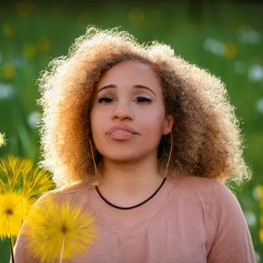 Image similar to a portrait of a beautiful 3 5 year old racially ambiguous woman, curly blond hair, standing in a field of soft focus dandelion flowers on a lovely spring day