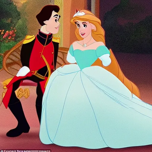 Prompt: a disney princess that is obsessed with the concept of irony, looking disinterested in her prince