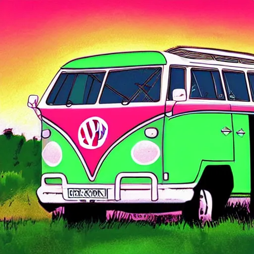 Image similar to illustration of an old van volkswagen, may 6 8, pastel colors, cool, hippie by malika favre