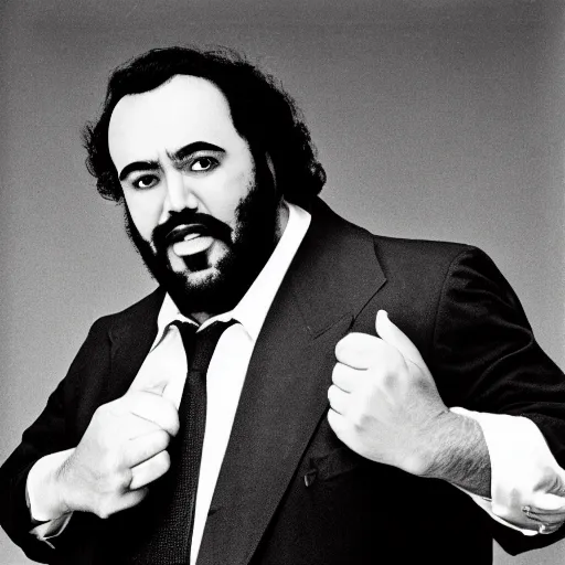 Image similar to black and white photo, portrait of Luciano Pavarotti by richard avedon, realistic, Leica, medium format, cinematic lighting, parallax, high resolution,