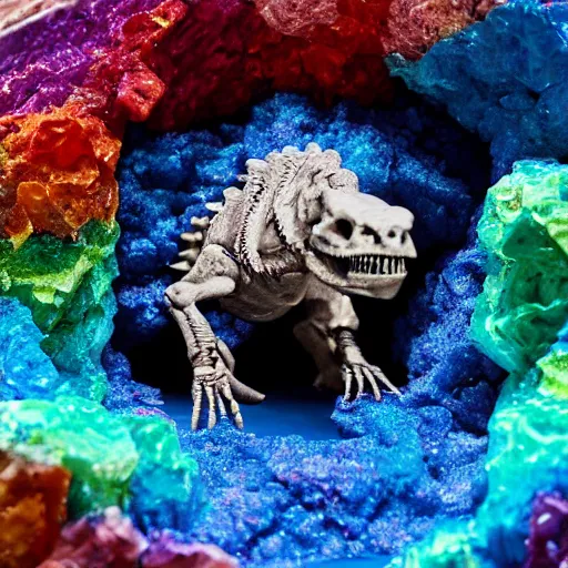 Prompt: photorealistic dinosaur skeleton inside a geode of colored crystals