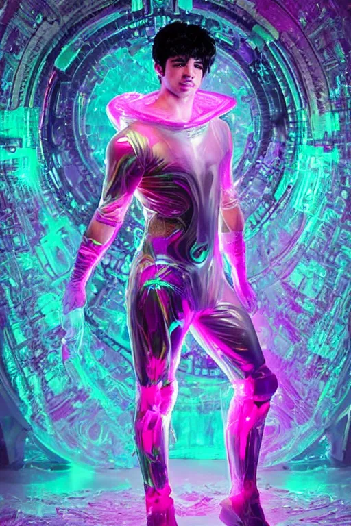 Prompt: full-body rococo and cyberpunk delicate crystalline sculpture of a muscular iridescent Joe Jonas as a humanoid deity wearing a thin see-through plastic hooded cloak sim roupa, posing like a superhero, glowing pink face, crown of white lasers, large diamonds, swirling black silk fabric. futuristic elements. oozing glowing liquid, full-length view. space robots. human skulls. throne made of bones, intricate artwork by caravaggio. Trending on artstation, octane render, cinematic lighting from the right, hyper realism, octane render, 8k, depth of field, 3D