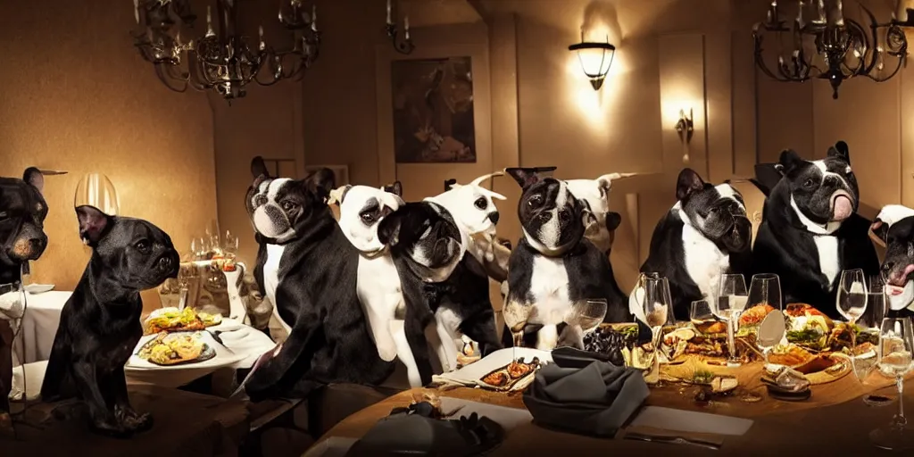 Image similar to dogs wearing suits and dresses eating dinner at a fancy restaurant, very atmospheric lighting, award winning photo, masterpiece