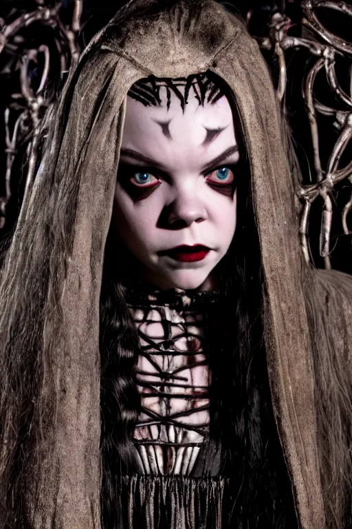 Image similar to dressed anya taylor - joy, a sinister demonic princess of cenobites, symmetrical, cinematic, elegant, demonic atmosphere, professional studio light, real dlsr photography, sharp focus, costume made by clive barker, real rotten flesh, blood and bones, 4 k, ultra hd, sense of awe