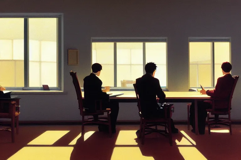 Prompt: anime key visual of three workers sitting in an office cubicle on the computer, style of jamie wyeth james gilleard edward hopper greg rutkowski acrylic painting, preserved museum piece, historical