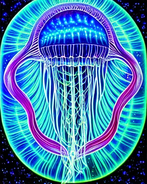 Prompt: detailed realistic geometric glow painting a jellyfish portal emitting light in the cosmos by alex grey symmetry underwater in the cosmos