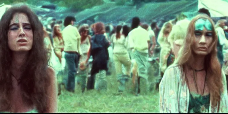 Prompt: photorealistic documentary style close up cinematography of sexy flowerchild woman at the 1 9 6 9 woodstock festival shot on 1 6 mm eastman 7 2 5 4 film with a angenieux 1 2 - 1 2 0 mm zoom lens shot at magic hour by cinematographers, malcolm hart, don lenzer, michael margetts, david myers, richard pearce, michael wadleigh