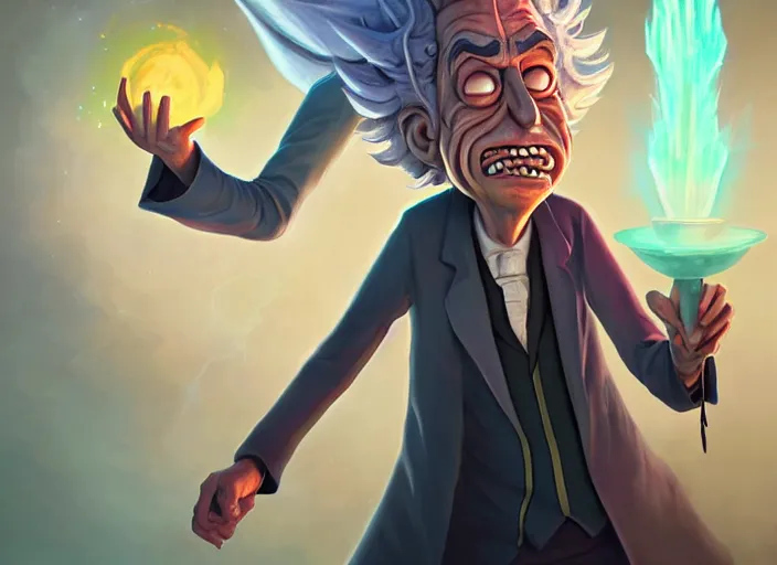 Image similar to rick sanchez from rick and morty as a wizened sorcerer, digital painting by dan volbert and mandy jurgens and deiv calviz and lim chuan shin