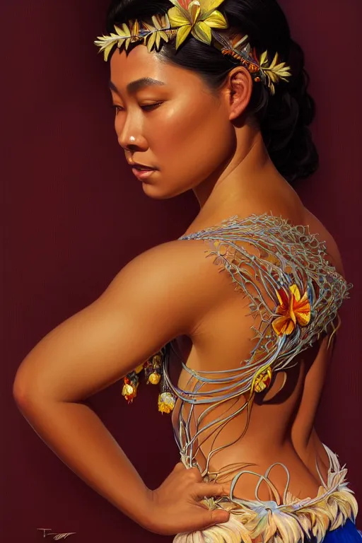 Image similar to body portrait of hawaiian queen wearing a lea, by terry o'neill intricate, elegant, highly detailed, digital painting, glistening skin, artstation, concept art, smooth, sharp focus, contrasting lighting, bright colors, dark background, illustration, art by artgerm and greg rutkowski and alphonse mucha, 8 k