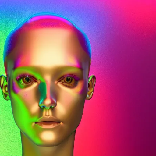 Image similar to 3d render of holographic human robotic head made of glossy iridescent, surrealistic 3d illustration of a human face non-binary, non binary model, 3d model human, cryengine, made of holographic texture, holographic material, holographic rainbow, concept of cyborg and artificial intelligence