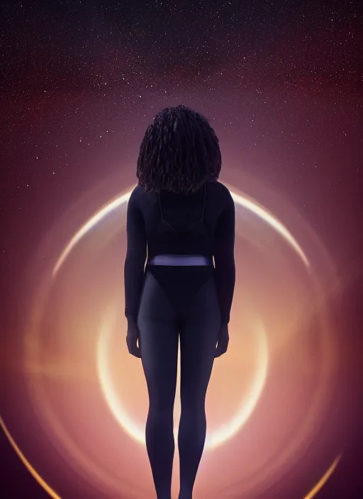 Prompt: symmetry!! a 2 8 mm macro photo of a beautiful young black woman standing in front of a ringed planet with rings in space. cute - fine - face, pretty face, realistic shaded perfect face, dark, concept art, cinematic, dramatic, atmospheric, 8 k, trending on artstation, haze, low visibility, fog, christopher nolan, interstellar