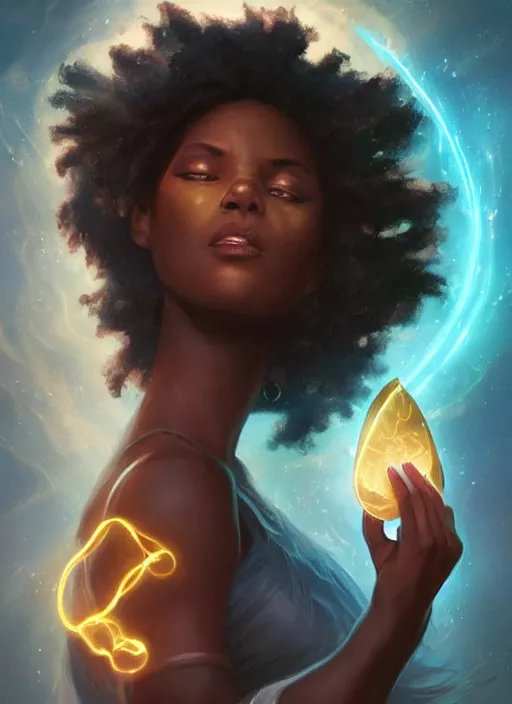 Image similar to beautiful black woman casting magical spells with runic stones, kemetic imagery, digital painting artstation, concept art, matte, sharp focus, illustration, dramatic exploding nebulae, hearthstone, art by artgerm and greg rutkowski and alphonse mucha