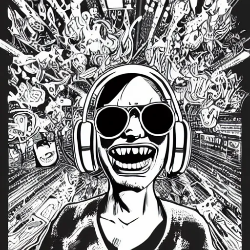 Image similar to artgerm, psychedelic laughing demon, rocking out, headphones dj rave, digital artwork, r. crumb, svg vector