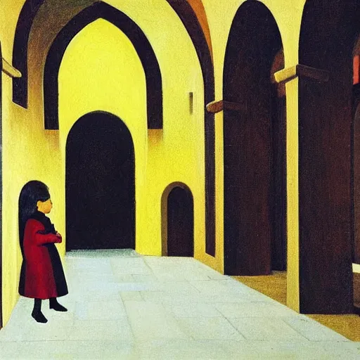 Image similar to in the distance, a little girl with short black hair and wearing a yellow coat alone in the inner courtyard of an abbey, there is a fantoin with a female face in the back, the light is bright and wintry, painting by hopper and de chirico