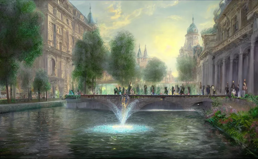 Image similar to An urban train rides inside of a waterway on a fantasy city, next to a fountain and a mystical palace. By Konstantin Razumov, Fractal flame, chiaroscuro, highly detailded