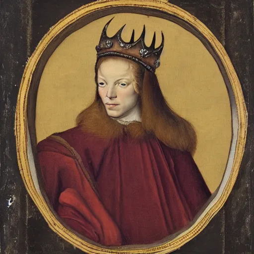 Prompt: renaissance style portrait of an alpine chamois wearing a crown and a cape, dark background
