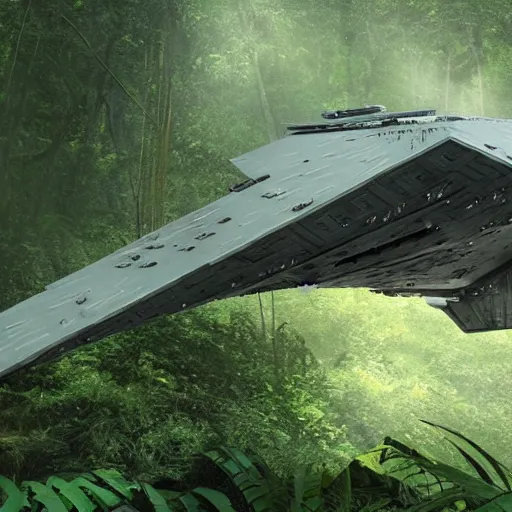 Image similar to a star destroyer from star wars crashed in a jungle, photorealistic