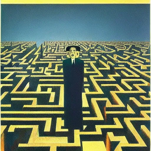 Prompt: the maze from the shining, surrealist painting by Rene Magritte