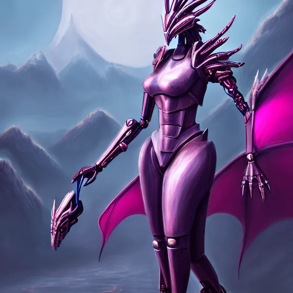 Prompt: extremely detailed fanart of a goddess that's a giant beautiful anthropomorphic robot female dragon, standing majestically over mountains, elegant pose, shiny silver metal armor, fuchsia skin below the armor, sharp metal claws, warframe fanart, high quality digital art, furry art, furaffinity, DeviantArt, 8k HD