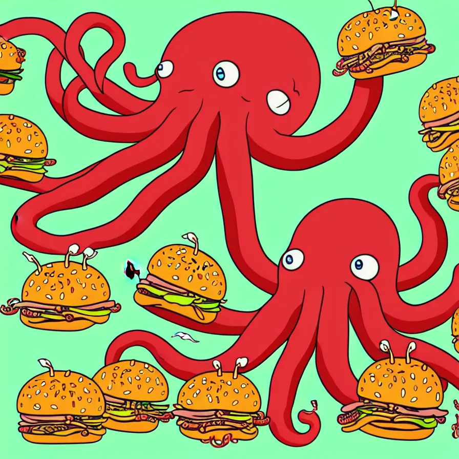 Prompt: ultra detailed artistic illustration of a giant octopus holding many burgers, tentacles wrapped around burgers, vector art, artstation, 8 k