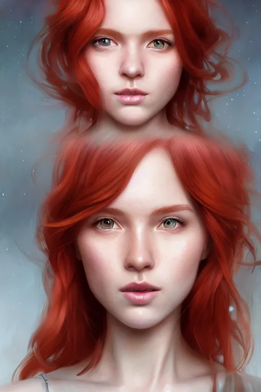 Image similar to ultra realistic style illustration of a cute red haired young woman with a smirky face, 1 9 year old, headshot, sci - fi, fantasy, intricate, elegant, digital painting, artstation, concept art, smooth, sharp focus, illustration, 8 k frostbite 3 engine, ultra detailed, art by artgerm and greg rutkowski and magali villeneuve