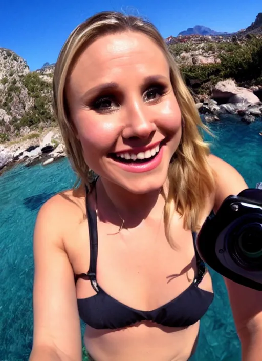 Image similar to viewed from my point of view : date with kristen bell, she's on my bed in bikini, gopro footage