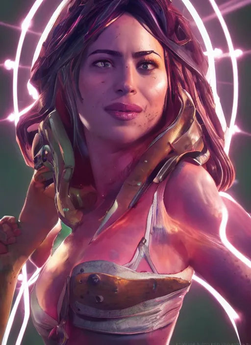 Image similar to glowwave portrait of dakota johnson from borderlands 3, au naturel, hyper detailed, digital art, trending in artstation, cinematic lighting, studio quality, smooth render, unreal engine 5 rendered, octane rendered, art style by klimt and nixeu and ian sprigger and wlop and krenz cushart.