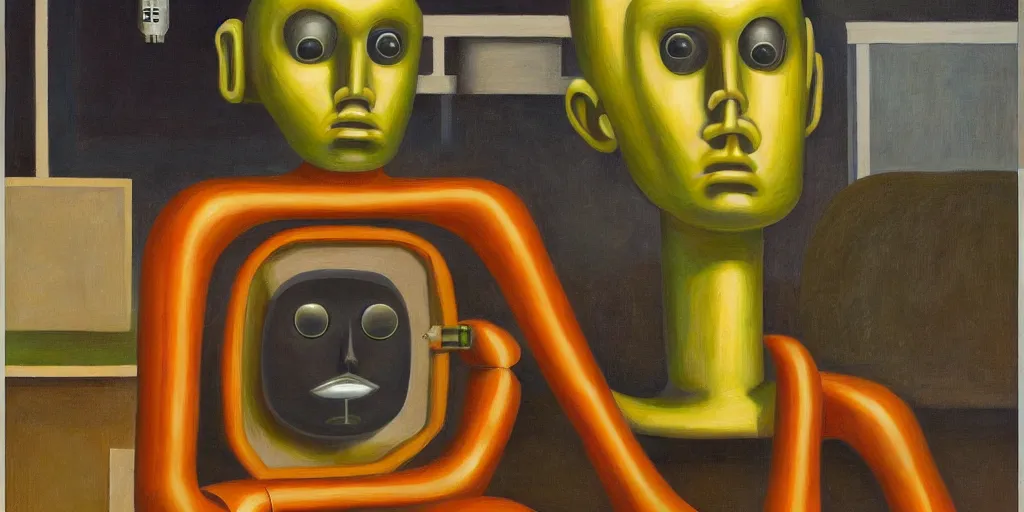 Image similar to super - intelligent robot with kind eyes portrait, lowbrow, pj crook, grant wood, edward hopper, oil on canvas