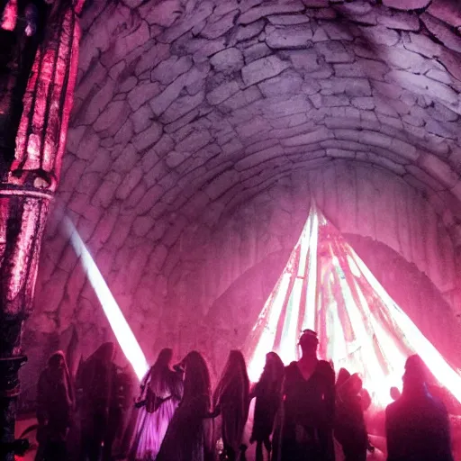 Prompt: crowded nightclub in the mines of moria, huge stone pillars, lights, goths and cyberpunks