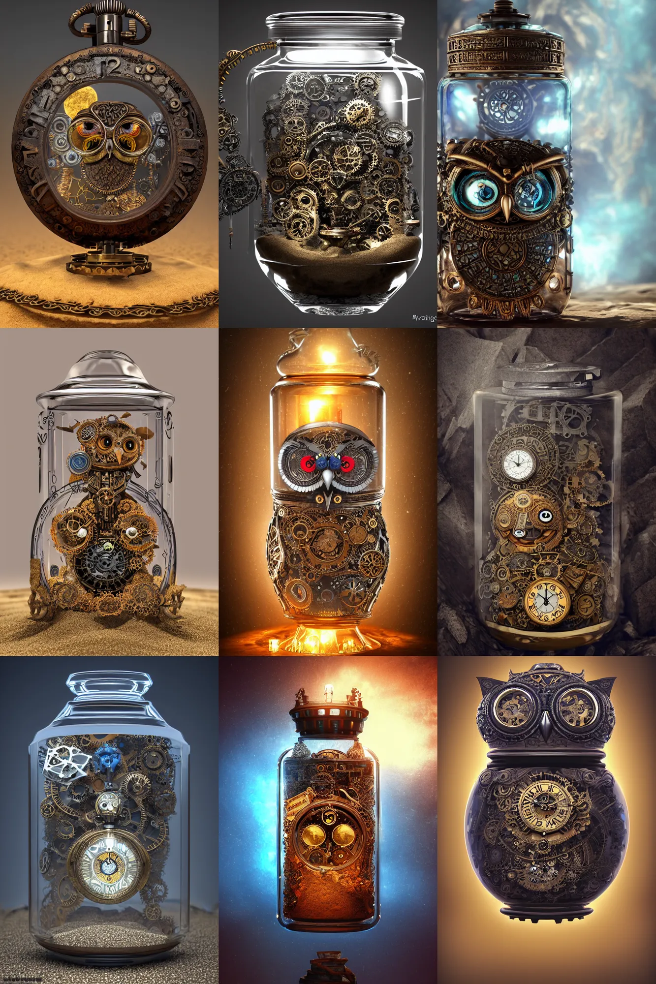 Prompt: steampunk aztec owl pocketwatch inside a glass jar buried in sand, alter, intricate detail, volumetric lighting, epic composition, hyper detailed, ultra realistic, sharp focus, octane render, lava lamp, blue moon, volumetric, ray tracing, sense of awe, swirling mist, 4 k