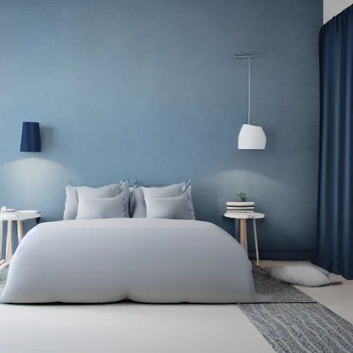 Image similar to designer photograph of minimalist bedroom, colors of blues and grey