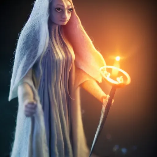 Prompt: needle felt action shot of galadriel saying i would be queen, lotr, dramatic lighting, spooky!, dslr, tilt shift, extremely textured, realistic hyper detailed