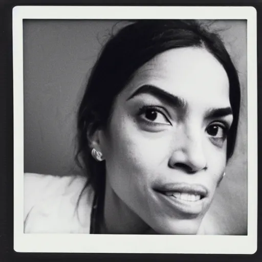 Prompt: prettified Alexandria Ocasio-Cortez looking earnestly into the camera, polaroid.