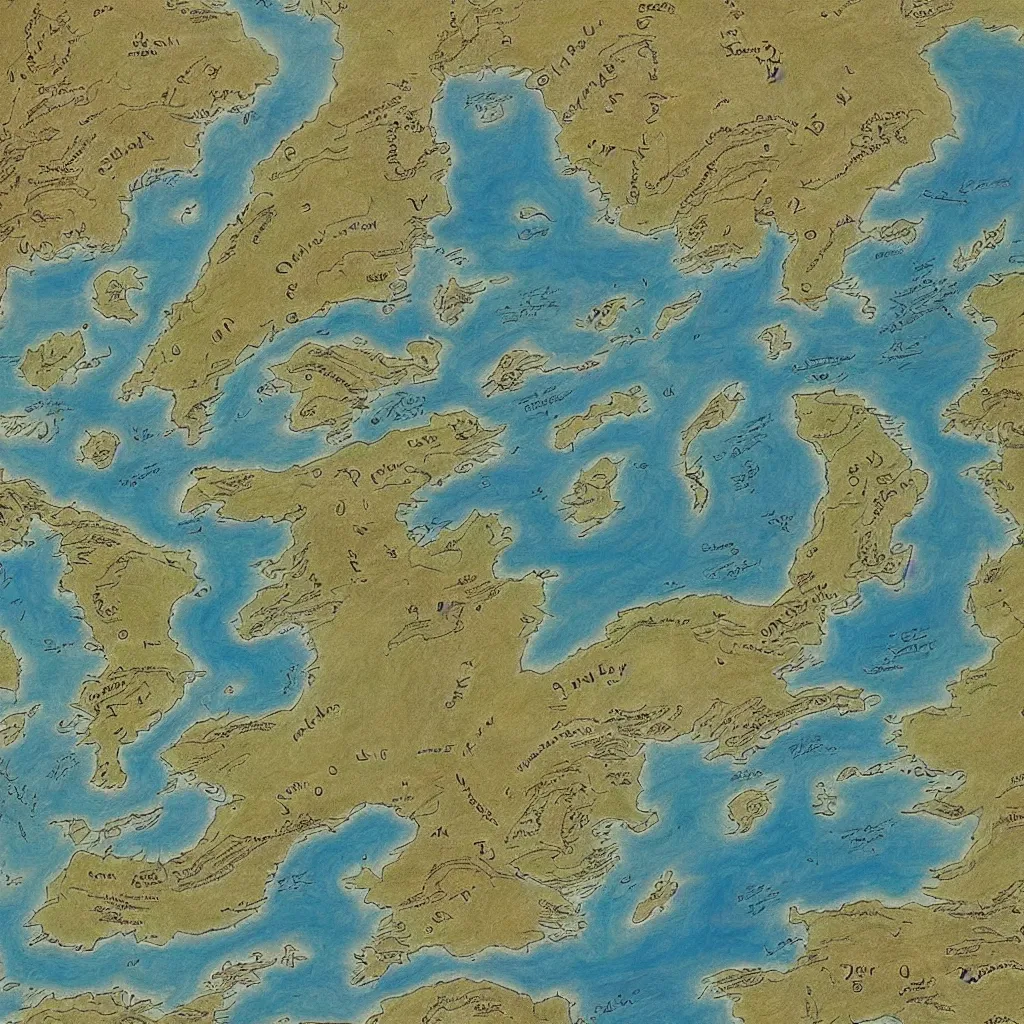 Prompt: well drawn highly detailed map of a large fantasy continent minimal bodies of water, emphasized elevation, styled like a j. r. tolkien map, oil painting