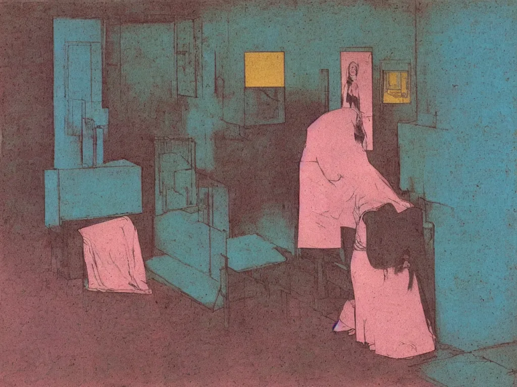 Image similar to a lonely girl in an empty room, colored daguerreotype, by Mackintosh, by max Ernst, art noveau, bright pastel colors,