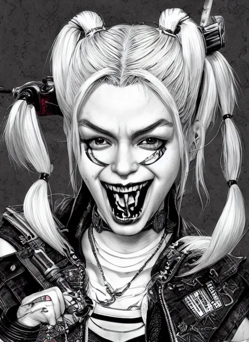 Image similar to highly detailed ink illustration of harley quinn, unreal engine, octane render, b & w clean shaped illustration by kim jung gi, ron english and eiichiro oda