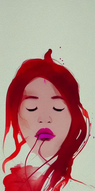 Image similar to minimal abstract painting, candid portrait of a very very beautiful! young filipino woman with very narrow face, closed eyes and flowing long hair, blowing smoke from her mouth, surrounded by thick swirling smoke, face is obscured, by conrad roset, long brush strokes, dramatic lighting, trending on artstation