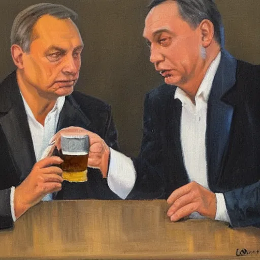 Prompt: viktor orban drinking beer with putin, oil painting, highly detailed