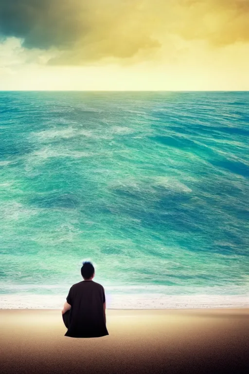 Prompt: a man sitting on a beach next to the ocean, a matte painting by wu wei, shutterstock contest winner, neo - romanticism, muted, sense of awe, cinematic view