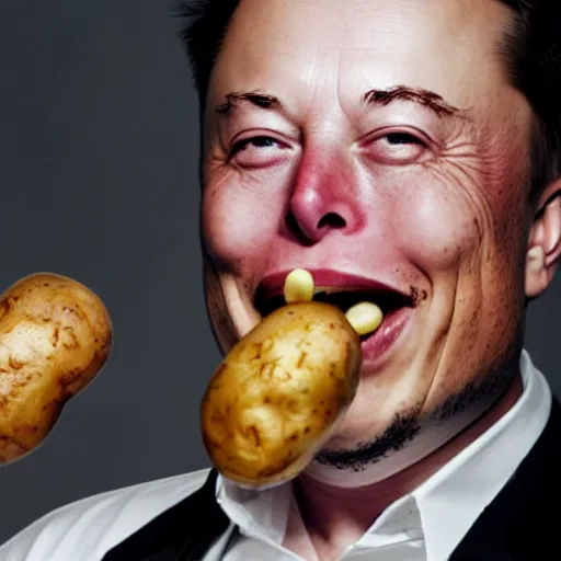 Image similar to elon musk surprised, mouth open wide, holding a potato, 4 k photography, highly detailed, portrait, cinematic lighting